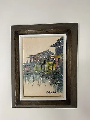 Vintage MCM City Scene Oil Painting